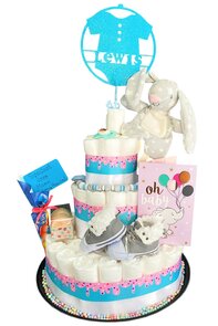 Pampertaart – Met Konijn Knuffel, Schoentjes & Blauw Lint – Handgemaakt Kraamcadeau