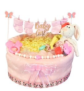 Roze Baby Girl pampertaart - met Knuffel en Bijtring van Minnie💕