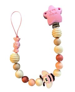 Speenkoord roze bijtje met “I ❤️ Mom” clip – houten & silicone kralen | Luxecadeaumanden