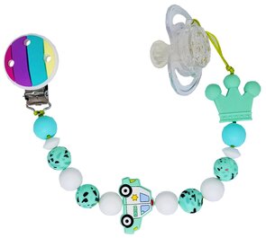 Mintgroen siliconen speentouw met kroontje en politieauto – extra sterk dubbel touw | Luxecadeaumanden