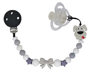 Grijs siliconen speenkoord met strik en hondje – extra sterk dubbel touw | Luxecadeaumanden