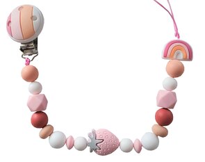 Roze siliconen tutkoord met aardbei en regenboog – Handgemaakt, dubbele draad, BPA-vrij – Baby speentouw
