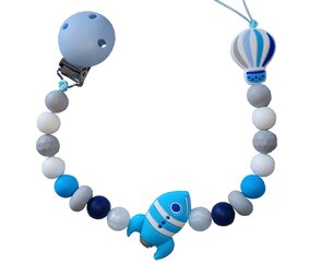 Siliconen speenkoord met raket en luchtballon – Handgemaakt, dubbele draad, BPA-vrij – Blauw tutkoord voor baby