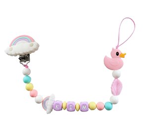Gepersonaliseerd speenkoord met naam – Handgemaakt siliconen speenkoord met regenboog en eendje – Dubbele draad