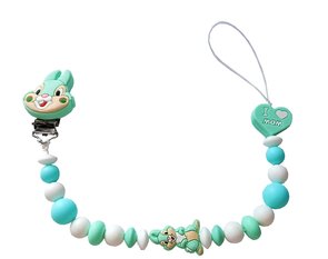 Speenkoord met stamper konijntje – Handgemaakt siliconen speenkoord met dubbele draad – Mintgroen babyaccessoire met “I ❤️ Mom” hartje