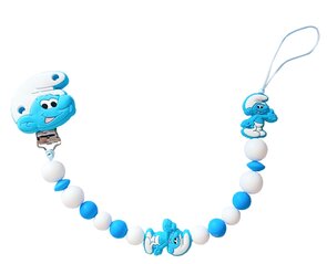 Speenkoord met Smurfen – Handgemaakt siliconen speenkoord met dubbele draad – Veilig babyaccessoire in blauw-wit
