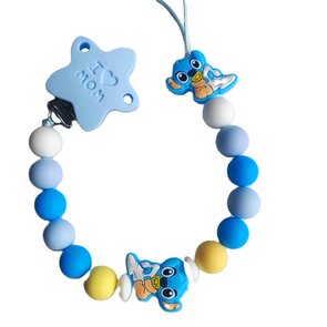 Fopspeenkoord “Stitch” – Handgemaakte Blauwe Siliconen Speenclip “I ❤️ Mom”