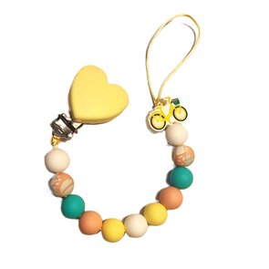 Siliconen speentouw met hart en fiets - geel