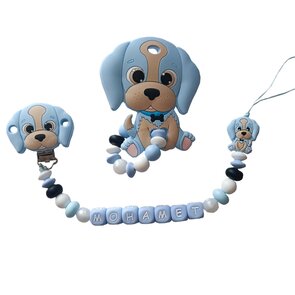 Siliconen tutkoord en bijtring set met naam - blauw hondje