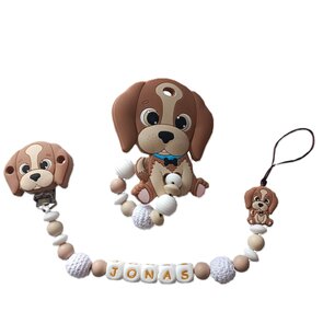 Siliconen tutkoord en bijtring set met naam - bruin hondje