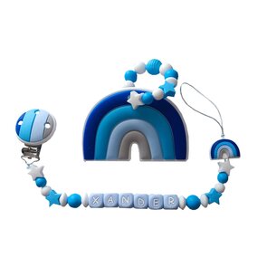 Siliconen tutkoord en bijtring set met naam - blauwe regenboog