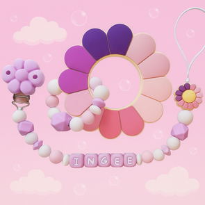 Siliconen tutkoord en bijtring set met naam - bloem paars