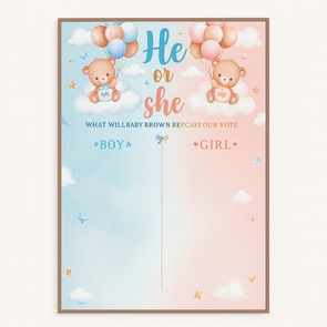 Gender Reveal Poster – “He or She?” met Beertjes, Ballonnen & Pastel Wolken