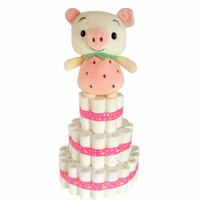 Pampertaart Varkentje – Handgemaakt Kraamcadeau – Luiertaart Meisje met Roze Lint