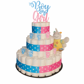 Pampertaart Boy or Girl – Gender Reveal – Handgemaakt Cadeau met Eenhoornknuffel