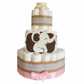 Pampertaart Olifant – Neutraal Kraamcadeau – Handgemaakte Luiertaart met Strik en Kant