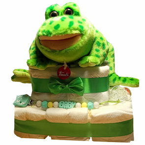 Pampertaart Kikker – Handgemaakt Kraamcadeau – Luiertaart Groen met Fopspeenkoord