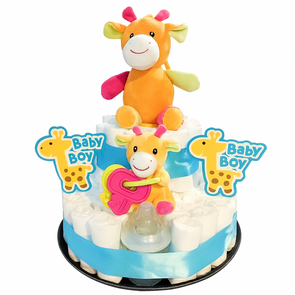 Pampertaart Giraf – Baby Boy – Handgemaakt Kraamcadeau met Knuffels en Flesje