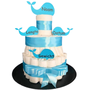 Pampertaart Walvis – Blauw – Handgemaakt Kraamcadeau met Naam, Datum, lengte & Gewicht