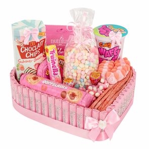 Luxe Hartvormige Snoeptaart – Roze Geschenkmand met Chocolade, Snoep & Marshmallows – Perfect Cadeau voor Elke Gelegenheid