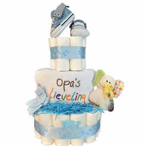 Blauwe Luiertaart “Opa’s Lieveling” – Handgemaakt Geboortecadeau met Babyschoentjes & Knuffeltje – It’s a Boy!