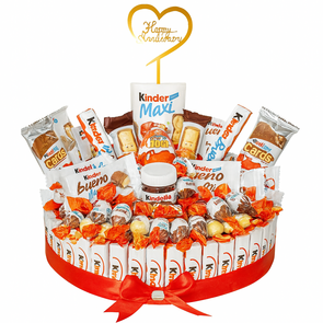 Ronde Luxe Snoeptaart met Kinder Chocolade, met taartopper Happy aniversary