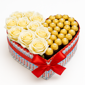 Hartvormige Ferrero Rocher & Witte Rozen Snoeptaart – Luxe Geschenk