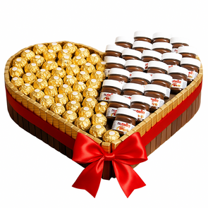 Luxe Hartvormig Chocoladecadeau met Ferrero Rocher, Merci & Mini Nutella — Rood Satijnen Strik