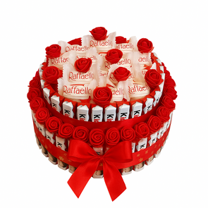 Luxe Raffaello & Kinder Chocolade Taart – 2-Layer Cadeautaart met Rode Rozen & Satijnen Strik