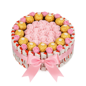 Luxe Ferrero Rocher & Kinder Rozen Cadeautaart – Roze Rozen & Satijnen Strik