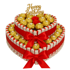 Hartvormige chocoladecadeautaart met Ferrero Rocher en Kinder