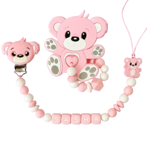 Siliconen tutkoord en bijtring set - roze beertje