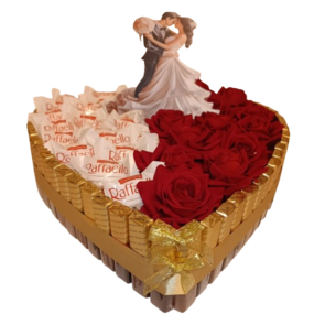 Luxe Hartvormige Cadeaumand met Trouwkoppel, Merci, Raffaello & Rode Rozen (30 cm)