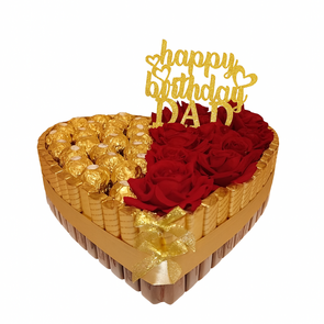 Luxe Snoeptaart – Happy Birthday Dad met Merci, Ferero Rocher & Rode Rozen (30 cm)