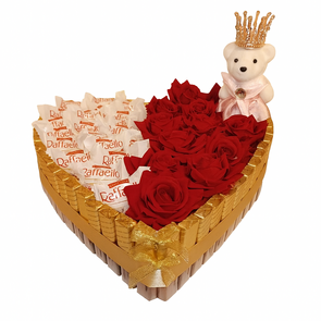 Luxe Hartvormige Snoeptaart met Beertje & Kroon – Merci, Raffaello & Rode Rozen (30 cm)