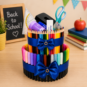 Deluxe Schooltaart XL – Compleet Schoolpakket | 120 Schoolartikelen | 40 cm