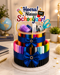 Luxe Schooltaart XL met Schoolspullen – Hoera Nieuw Schooljaar Cadeau