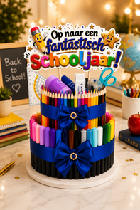 Deluxe Schooltaart XL – volledig Schoolpakket | 120 Schoolartikelen | 40 cm