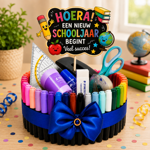 Luxe Stiftentaart "Hoera! Een Nieuw Schooljaar Begint" – Schoolcadeau met 51 Stiften